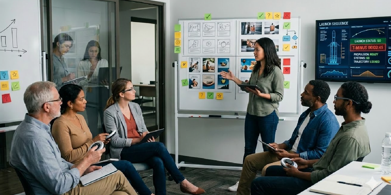 Presenter sharing concept boards with a seated group of participants