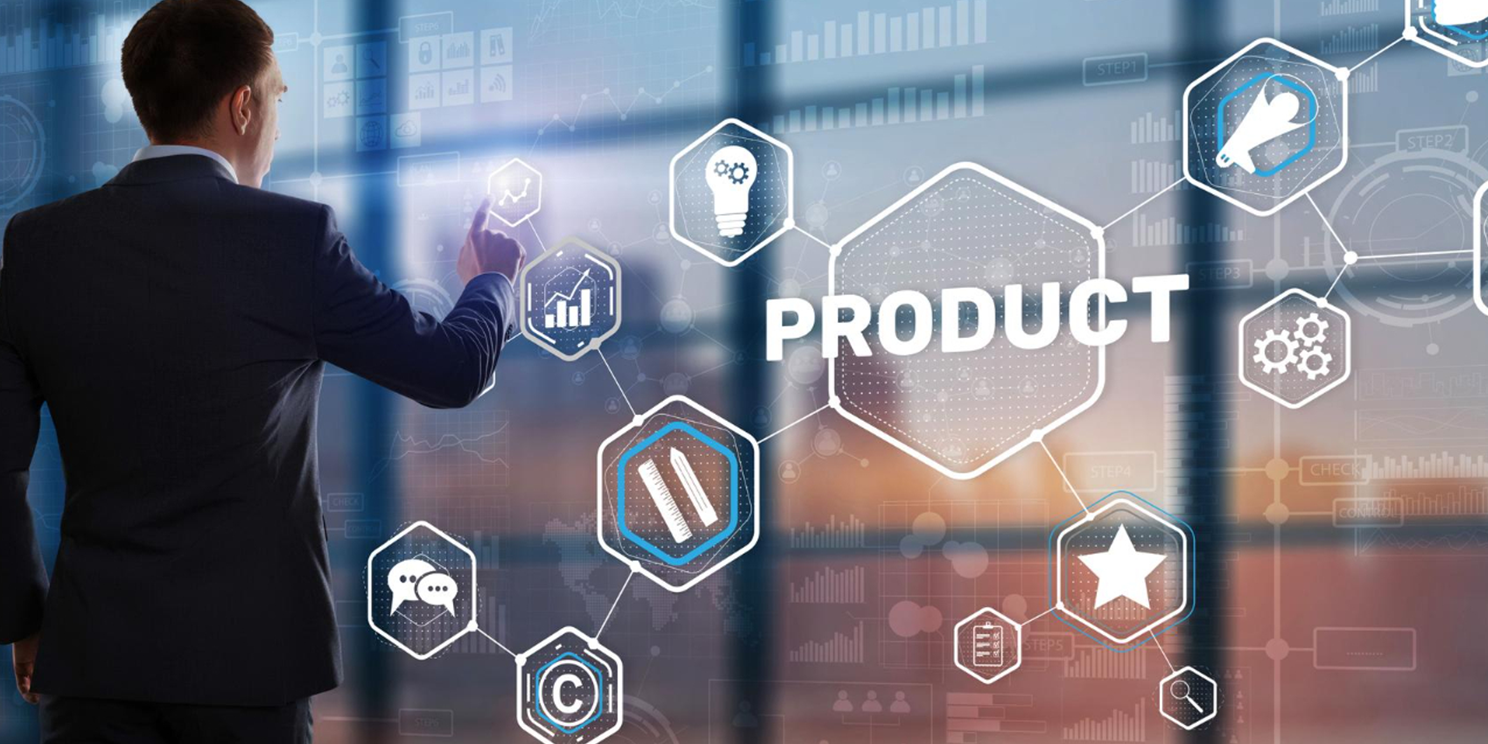 Businessman touching a virtual screen showing a product hexagon linked to innovation icons