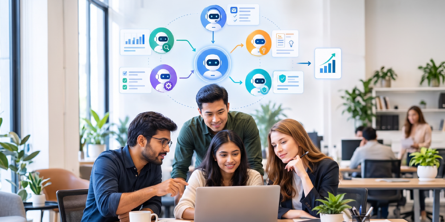 Team at a laptop with a diagram of connected AI agents feeding a results chart