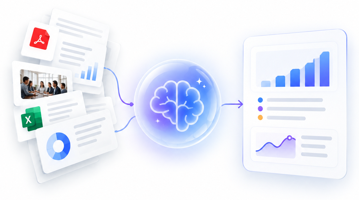 Reports, spreadsheets and a video call flowing into an AI brain that produces a dashboard of insights