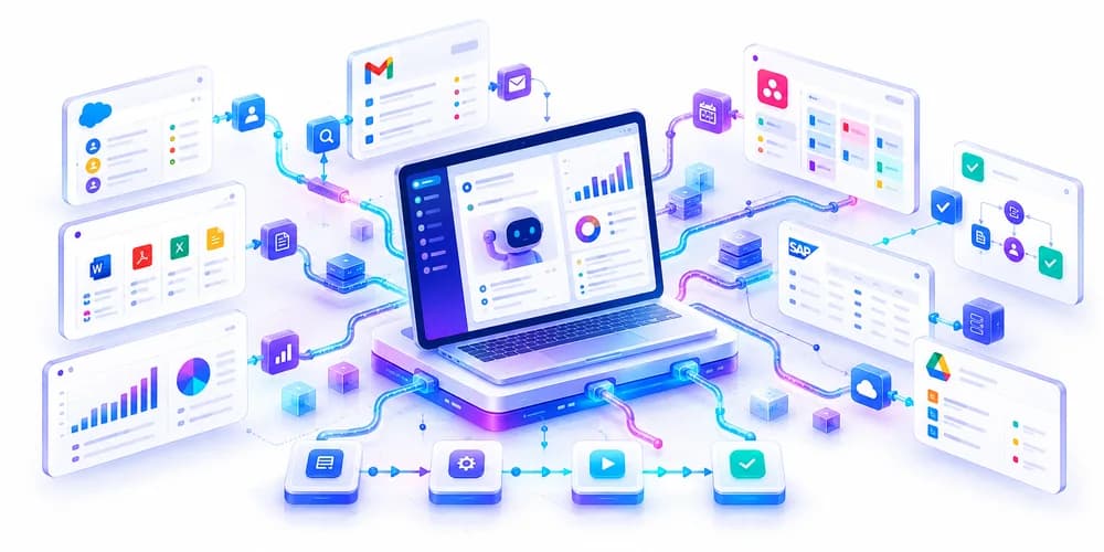 AI agent workflow connecting enterprise apps, email, analytics and automations