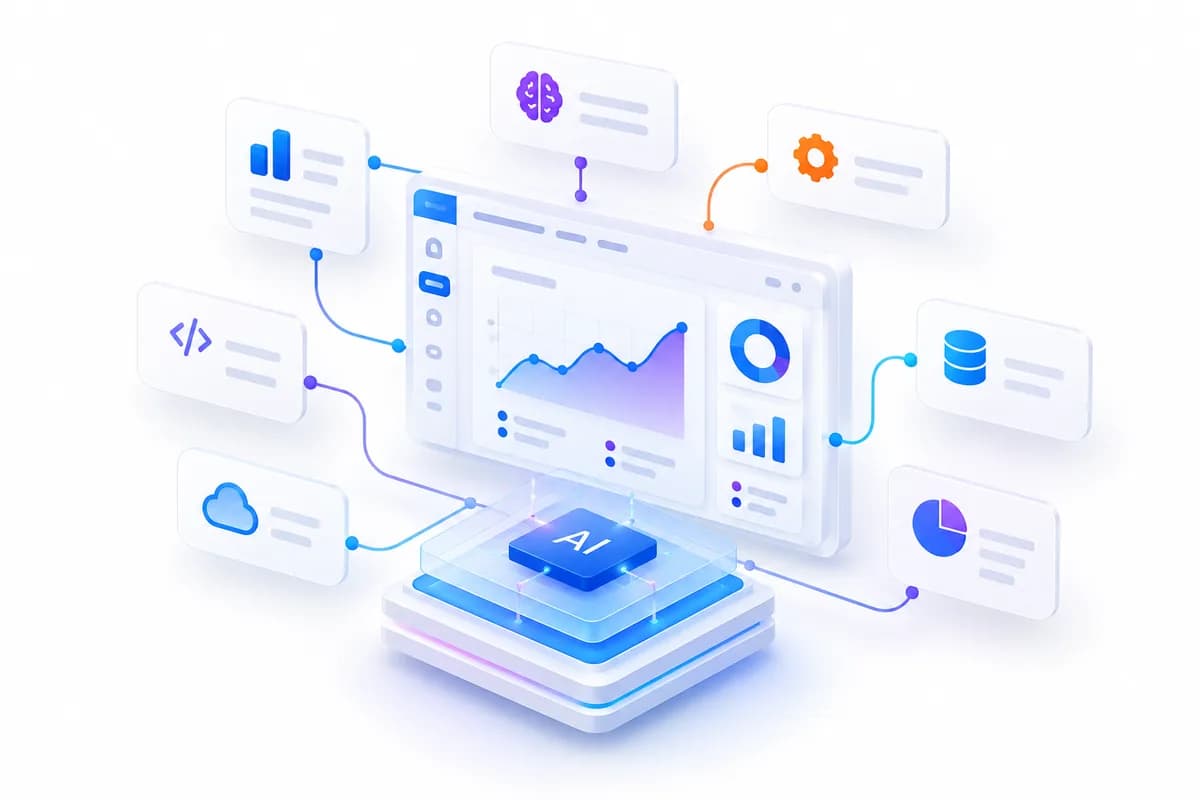 AI chip powering analytics dashboards, data, cloud and code panels