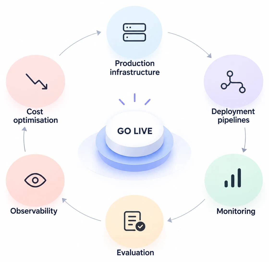 Go live cycle: production infrastructure, deployment pipelines, monitoring, evaluation, observability and cost optimisation