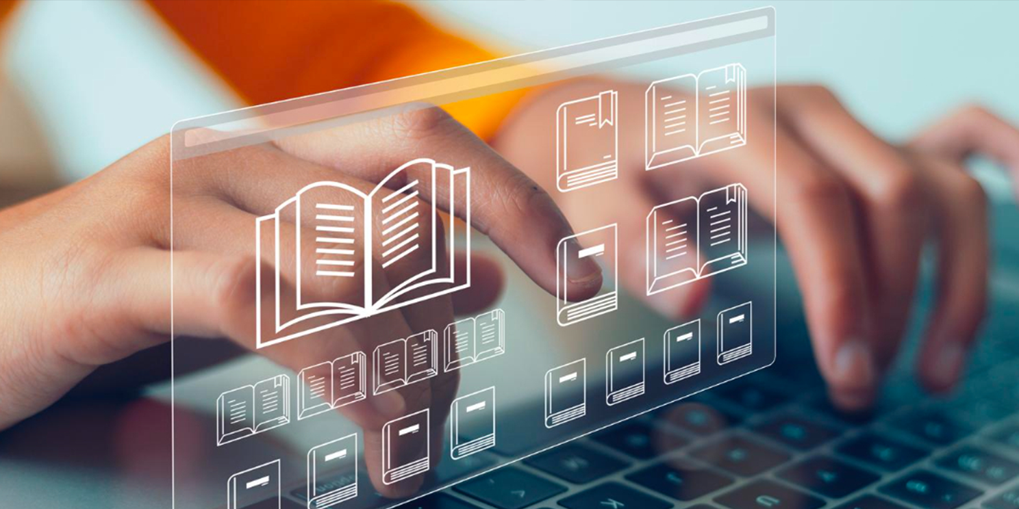 Hands on a laptop keyboard with a floating digital library of research documents