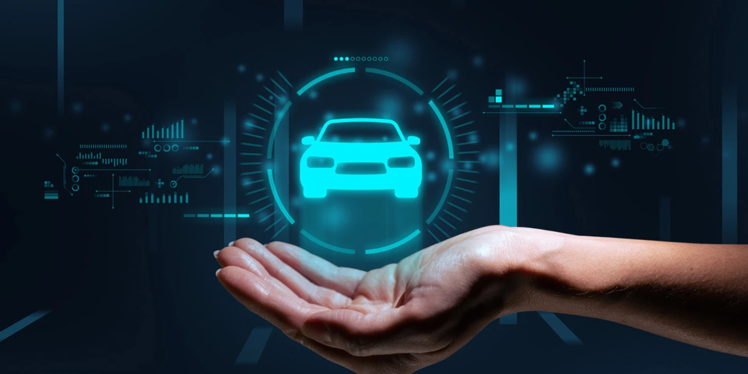 Open hand holding a glowing car icon surrounded by data graphics