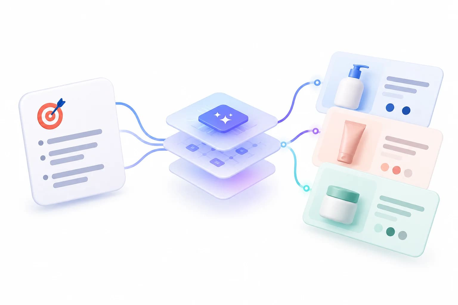 A brief document feeding an AI layer that produces product concept cards for skincare packaging