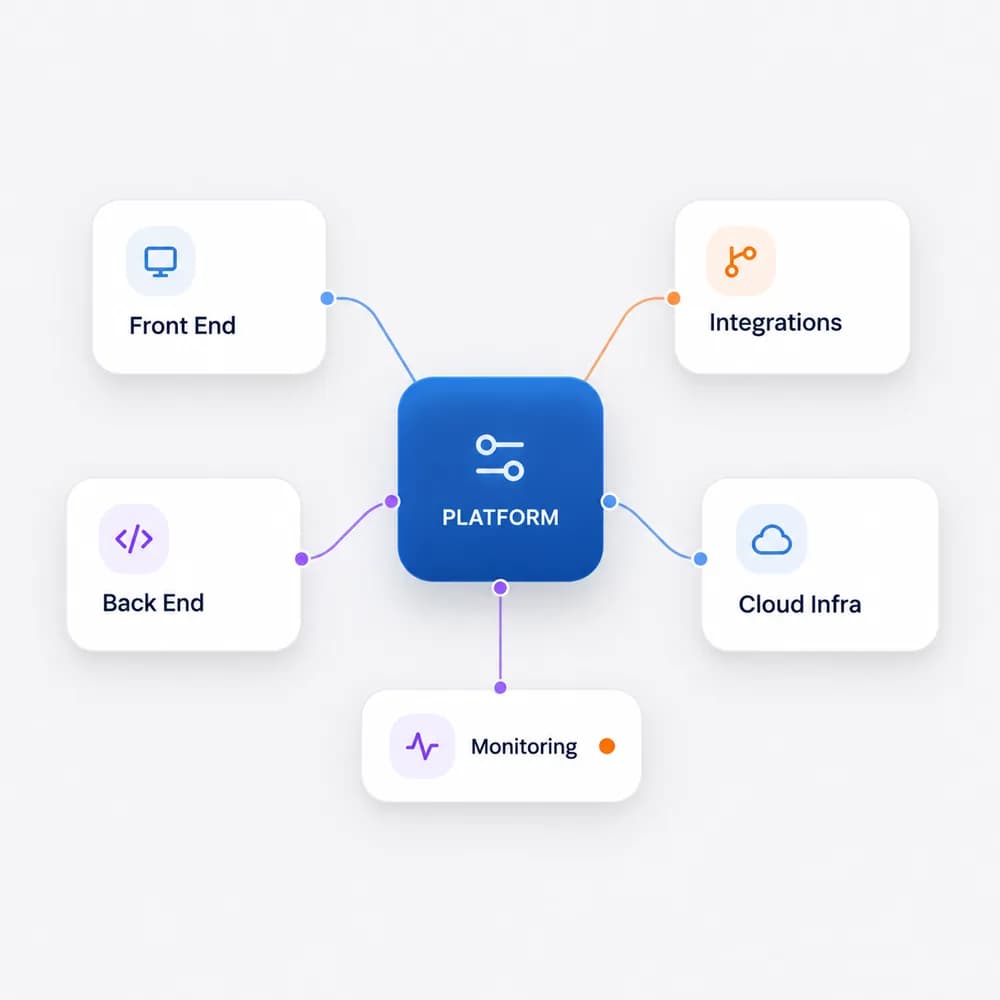 Platform connected to front end, back end, integrations, cloud infrastructure and monitoring